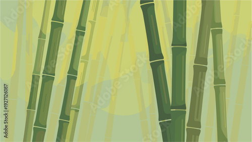 Bamboo tree trunks close up background with warm green tones and textured forest details
