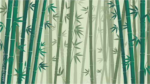 Dense bamboo forest with various shades of green and subtle lighting