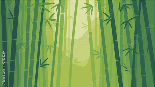 Dense bamboo thicket with sunlight filtering through green stalks