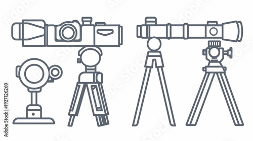 Linear illustrations of surveying equipment, including a total station and tripods