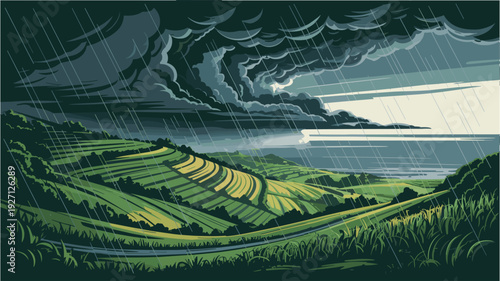 Dramatic rain storm over agricultural terrace fields and hills during sunset light