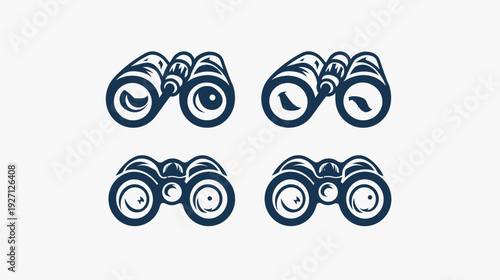 Four stylized dark blue binoculars, each with a unique internal design, on a white background