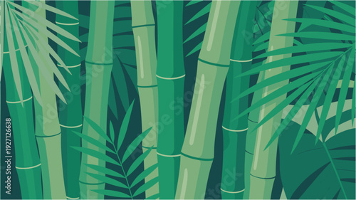 Lush green bamboo forest with tropical leaves creating a serene natural background illustration