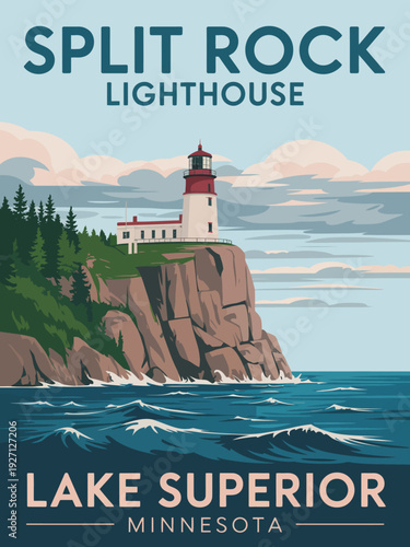 Split Rock Lighthouse Lake Superior Minnesota poster, dark teal typography coastal landmark design