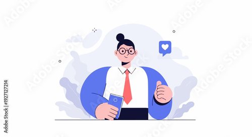 Cheerful person in formal wear gives a thumbs-up while holding a mobile phone, social media likes