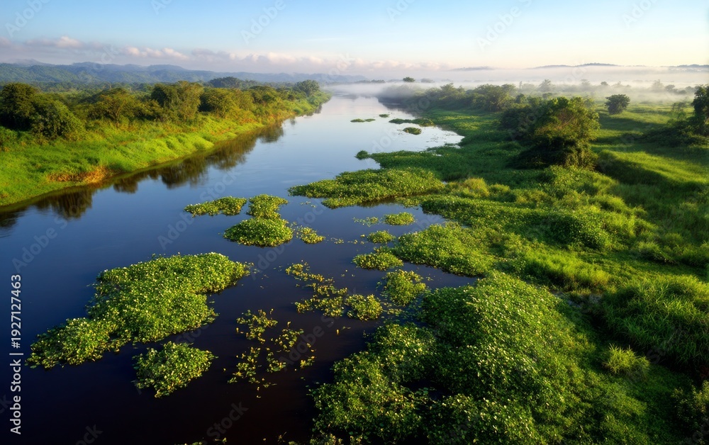 Naklejka premium Serene Dawn Over a Calm River with Floating Vegetation and Misty Landscape