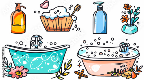 Colorful illustrated set of bath items featuring bathtubs, soap, and floral decorations