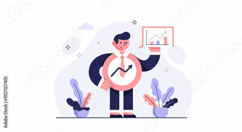 A man in a suit holds a circular chart showing an upward trend graph and a bar graph