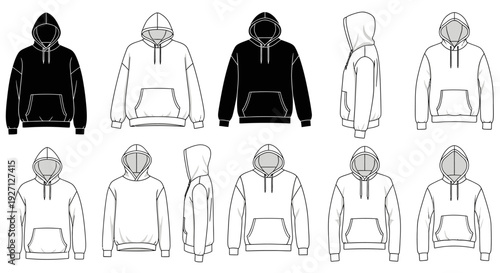 Collection of Hooded Sweatshirts Flat Fashion Technical Drawings in Various Views, isolated white background
