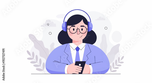 A person with headphones and glasses holds a phone, amidst stylized foliage and abstract shapes