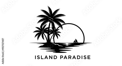 Tropical Island Paradise Silhouette Logo with Palm Trees, Sunset, and Boat, isolated white background