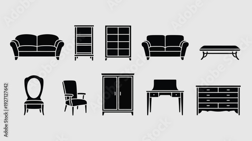 Minimalist black furniture set vector illustration with sofa, chairs, and shelves on light background, flat design