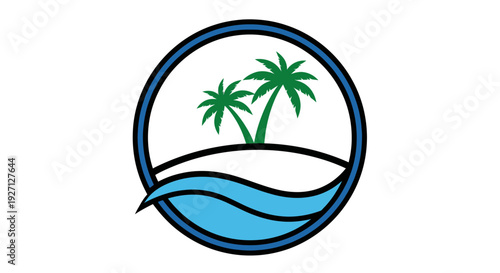 Circular Tropical Island Logo Design with Palm Trees and Ocean Waves, Isolated White Background