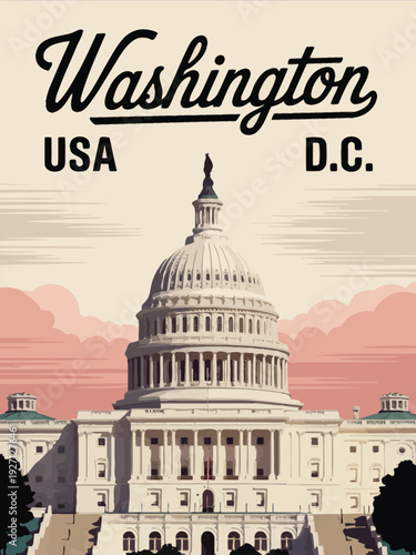 Washington DC USA Vintage poster, symmetrical Capitol architecture with bold script lettering