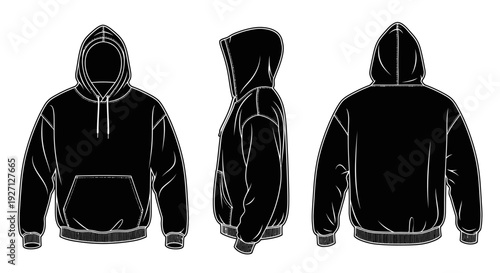 Black Hooded Sweatshirt Flat Fashion Technical Drawing with Front, Side, and Back Views, isolated white background