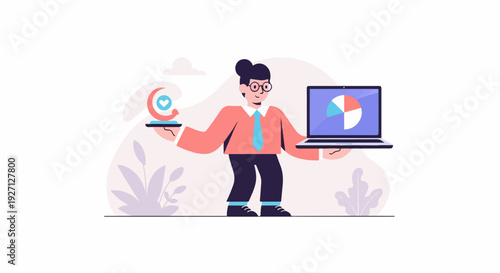 Person holding a laptop with a pie chart and a tray with a heart symbol