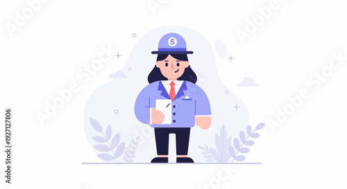 A person in a suit and hat, holding a tablet, with minimalist decorations