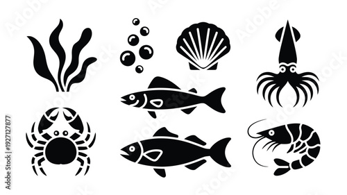 Minimalist black sea creatures vector illustration, crab, fish, and seaweed in flat design