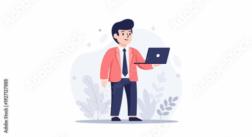 Cartoon man in coral jacket, tie, and navy pants holds a laptop