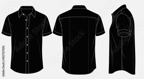 Black Short Sleeve Collared Shirt Flat Fashion Technical Drawing with Front, Back, and Side Views, isolated white background