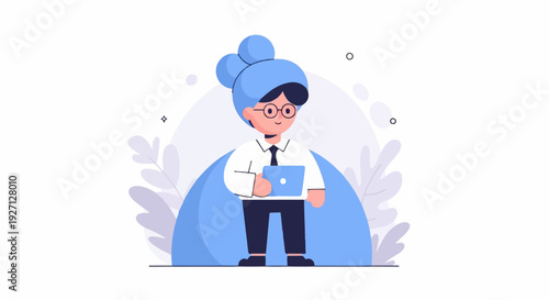 Stylized figure in a white shirt, tie, and dark pants holds a laptop