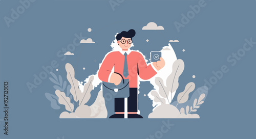 Cheerful person with glasses and briefcase holding up a card with a checkmark, surrounded by abstract plants