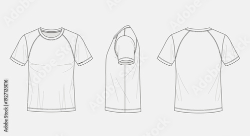 Raglan Short Sleeve T-Shirt Flat Sketch Outline Drawing, Front, Side, and Back Views, in Bright Studio