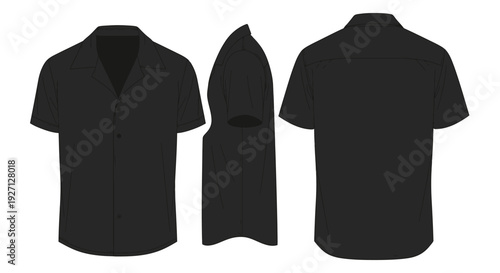 Black Short Sleeve Collared Shirt Fashion Flat Sketch with Front, Side, and Back Views, isolated white background.