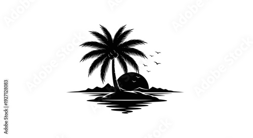 Tropical Island Palm Tree Sunset Ocean and Birds Silhouette Logo Design, Summer Beach Travel Concept, Isolated White Background.