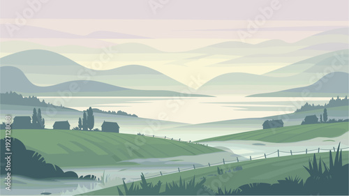 Serene valley with a lake and scattered houses surrounded by misty hills