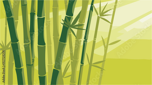 Stylized bamboo forest illustration with diagonal sunlight beams and vibrant green colors