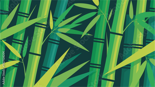 Stylized bamboo stalks and leaves with dark background, contemporary nature illustration