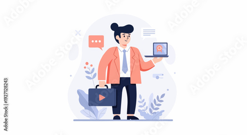 Businessman with briefcase and laptop, floral background, abstract shapes