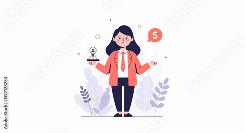 Businesswoman with dollar sign and human icon in balance