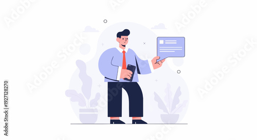 Stylized male figure in formal attire holding smartphone and speech bubble, with plants