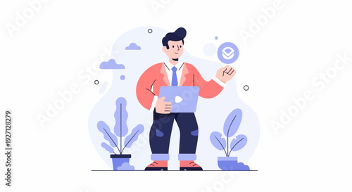 A smiling cartoon man in a suit holding a laptop and a coin symbol