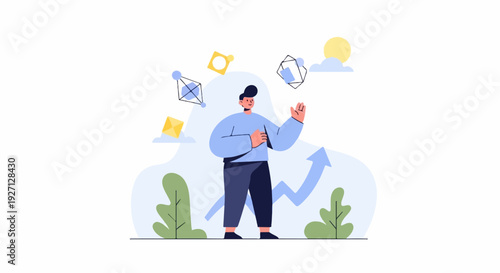 Cartoon man juggles abstract shapes, with growth arrow and sun