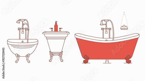 Three stylized bathtubs with different designs, plumbing fixtures, and a hanging light fixture