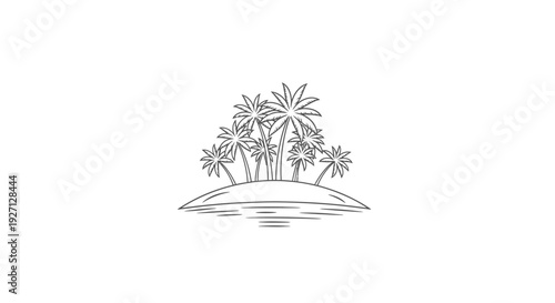 Tropical Island with Palm Trees and Ocean Outline Line Art, Summer Beach Travel Concept, Isolated White Background.