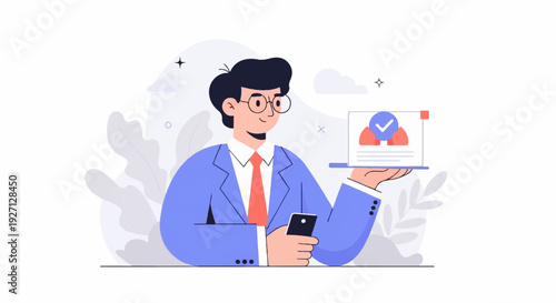 Stylized man in suit holding phone and tablet with verification graphic