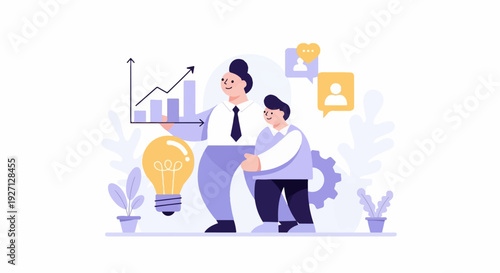 Two figures collaborate near a financial chart, light bulb, and plant