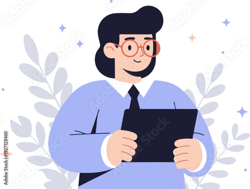 Animated person with glasses, holding a tablet, surrounded by foliage and stars