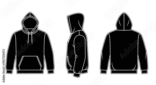 Black Hoodie Technical Fashion Sketch with Front, Side, and Back Views, isolated white background.