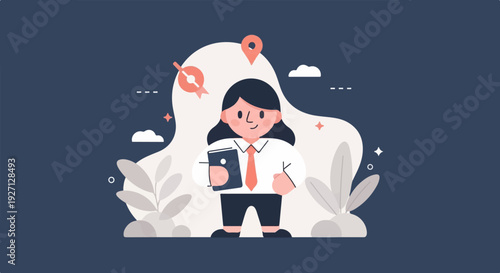 A cartoon of a woman in business attire holding a book, surrounded by abstract shapes and icons