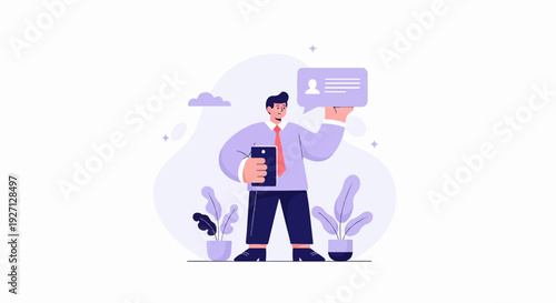 A man holds a phone and message bubble, surrounded by plants and abstract shapes