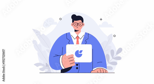 A man in a blue suit and tie holds a tablet with a blue graphic