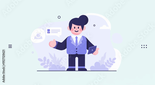 Cheerful businessman in blue suit with tablet, giving a thumbs up