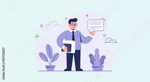 A smiling man in a suit holds a tablet and a speech bubble