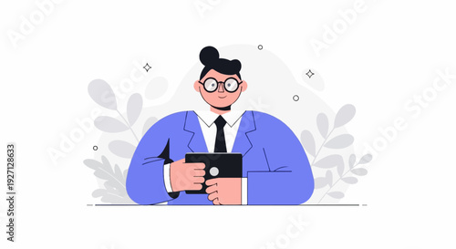 Stylized individual in formal attire holds a tablet device, surrounded by abstract plant-like shapes