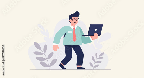A man in glasses walks with a laptop, with abstract plant shapes behind him